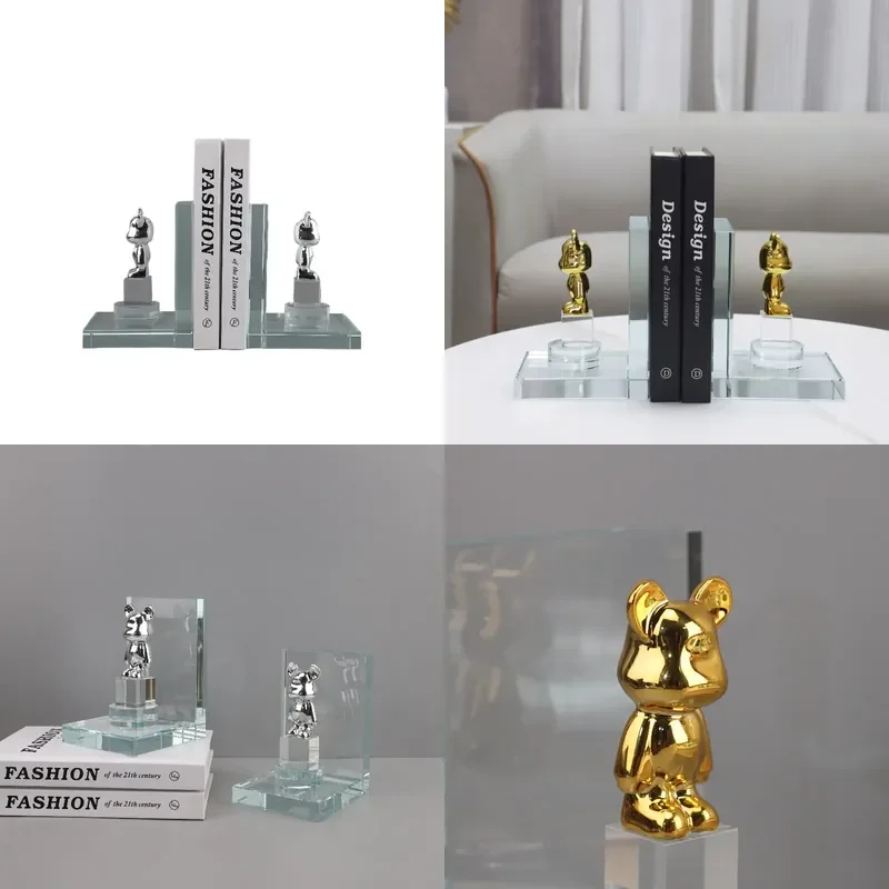 for European Light Luxury Resin Violent Bear Crystal Bookend Decorative Ornament for Study Entrance Hotel Home Book