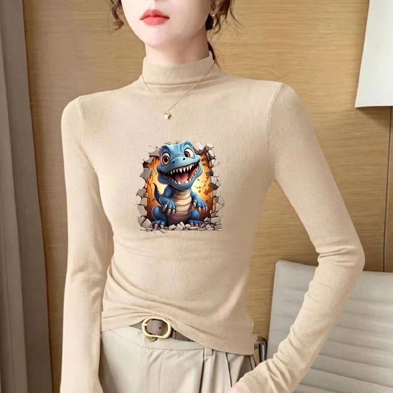 Winter Women's Thermal Brushed Fleece Half Mock Neck Long Sleeve T Shirt Blue Dinosaur Breaking Wall Graphic Warm Tee