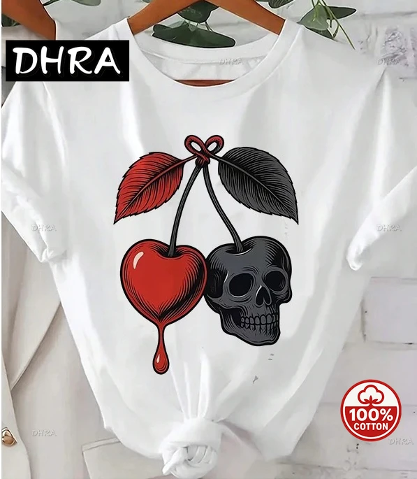 

Cherry and Skull Print Graphic Short Sleeve T Shirt Women's Causal Y2k T-shirt Clothes Graphic Vintage Tees Tops Clothing Gift
