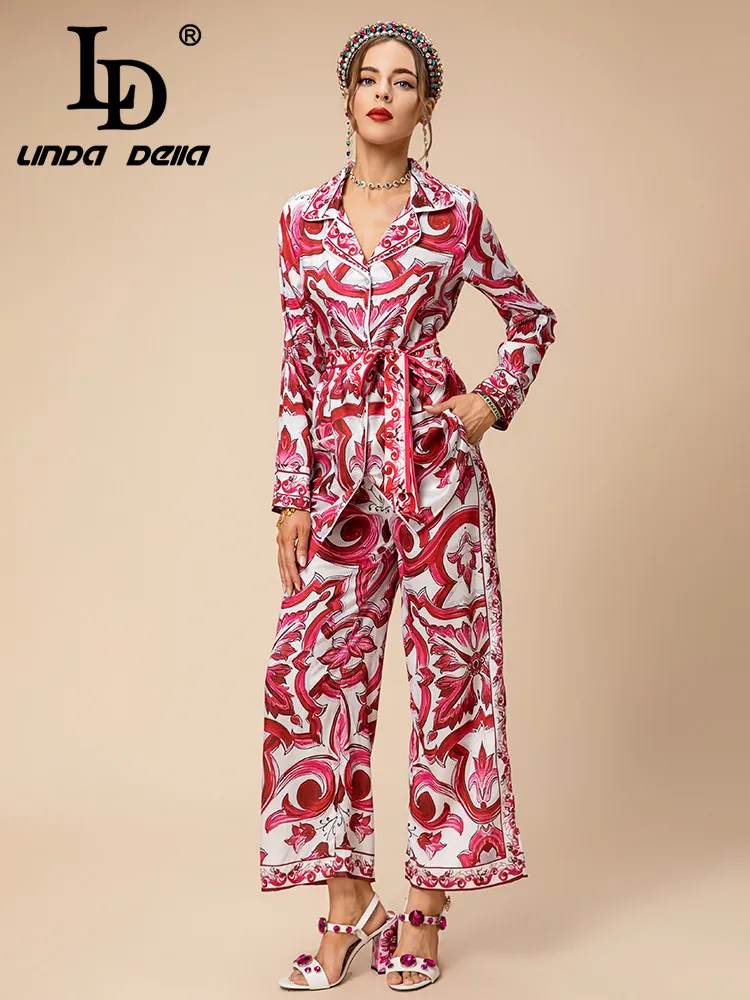 LD LINDA DELLA Autumn and Winter Set Women Red and White porcelain Print Belt Single-breasted Top+Straight Trouser 2 Pieces Set