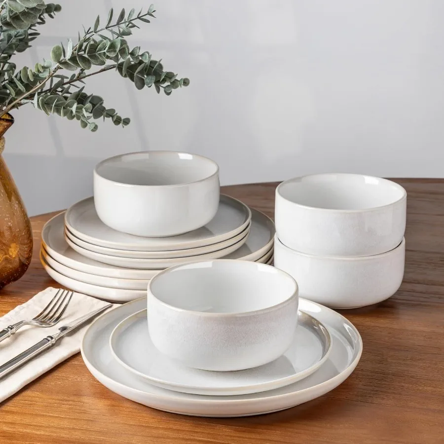 

Handmade Ceramic Dinnerware Set for 4 People Including 12 Pieces with Reactive Glaze Design Scratch Resistant Plates and Bowls