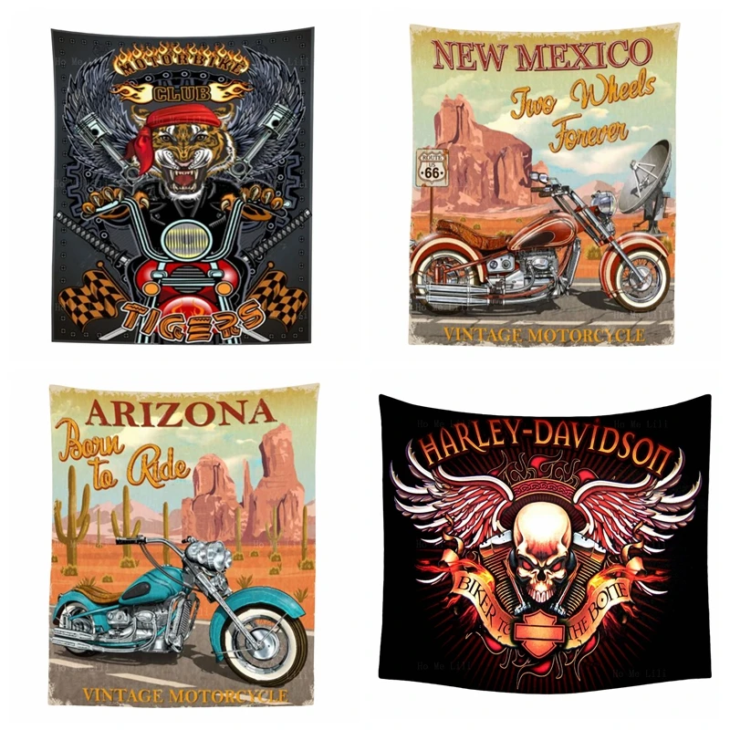 Freedom Racing Badge Vintage Route 66 Kansas Arizona Motobike Skull Desert Tiger Tapestry By Ho Me Lili For Livingroom Decor