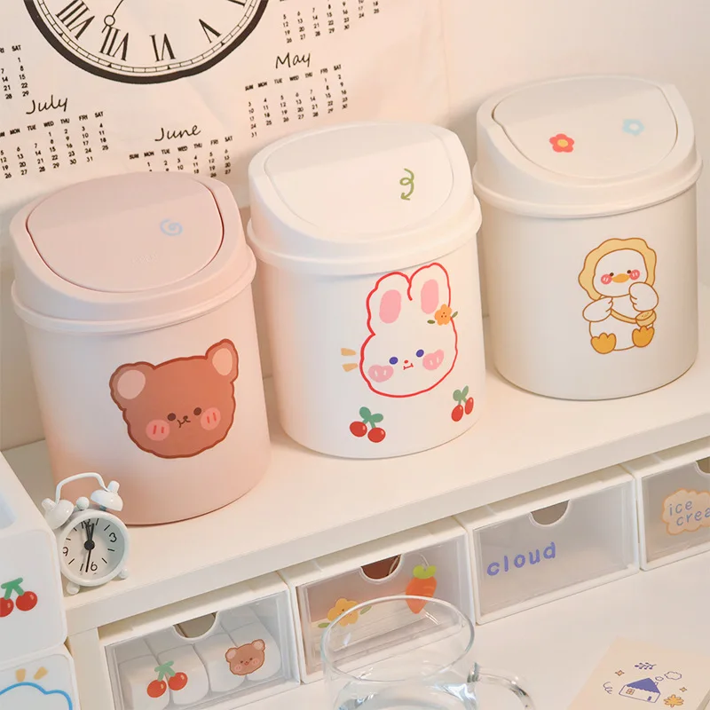 Ins Desktop Mini Trash Can Bin Tube Bedroom Waste and Home Cleaning Cute Mini Garbage Can Storage Box with Cover Kawaii Stickers