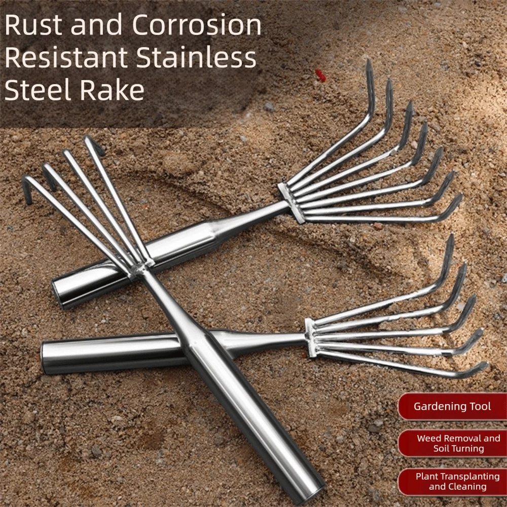 3/5 Claws Garden Hand Rake Manual Stainless Steel Small Leaf Rakes Gardening Tool Integrated Weeding Removal Puller
