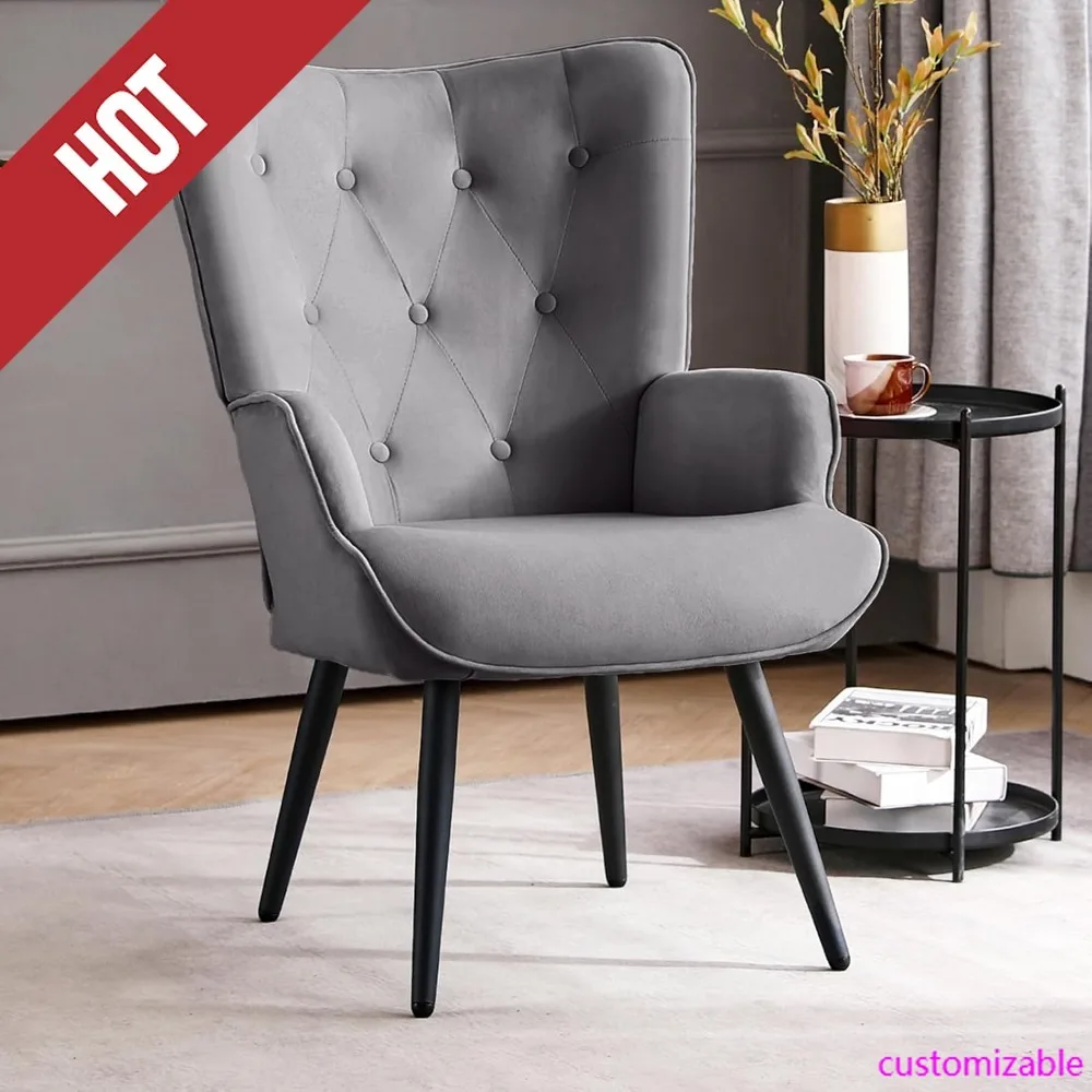 

HOT-Modern Accent Chair, Velvet Tufted Button Wingback Chair Upholstered Side Armchair Comfy Lounge Chair With Tapered Legs Sofa
