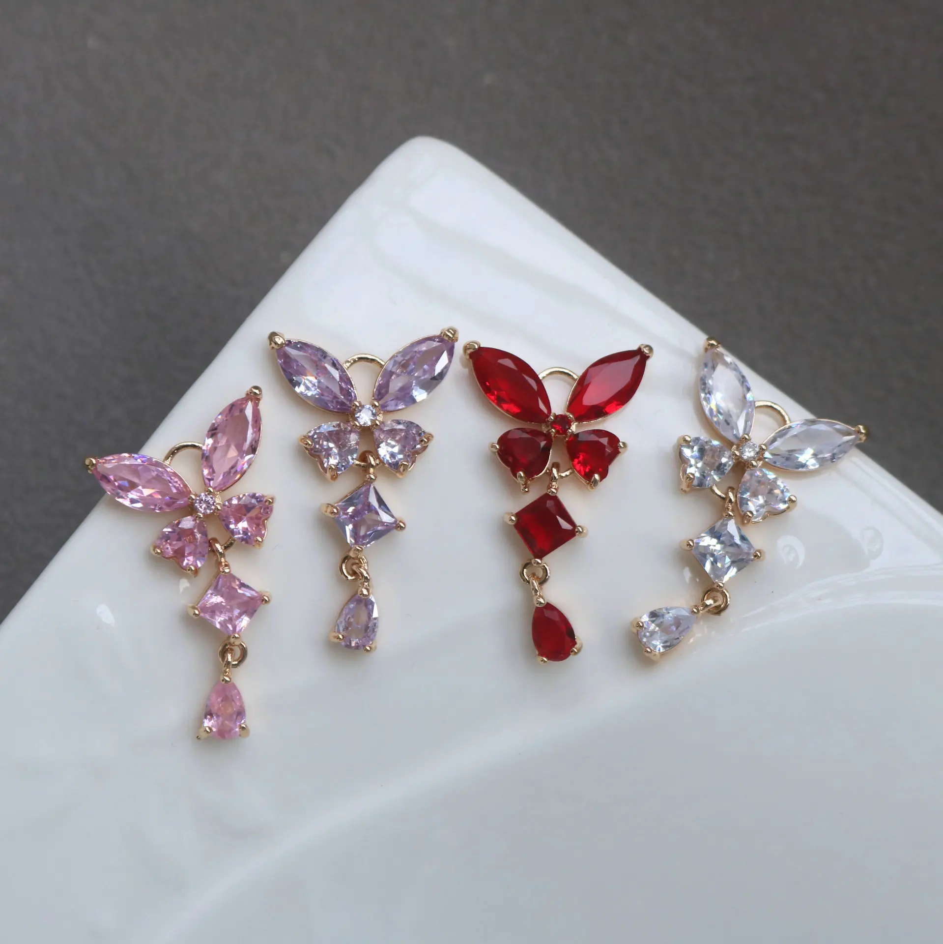 10pcs/ Set Copper inlaid zircon glass butterfly with Water Drop Pendant DIY antique Earrings hairpin Necklace accessories