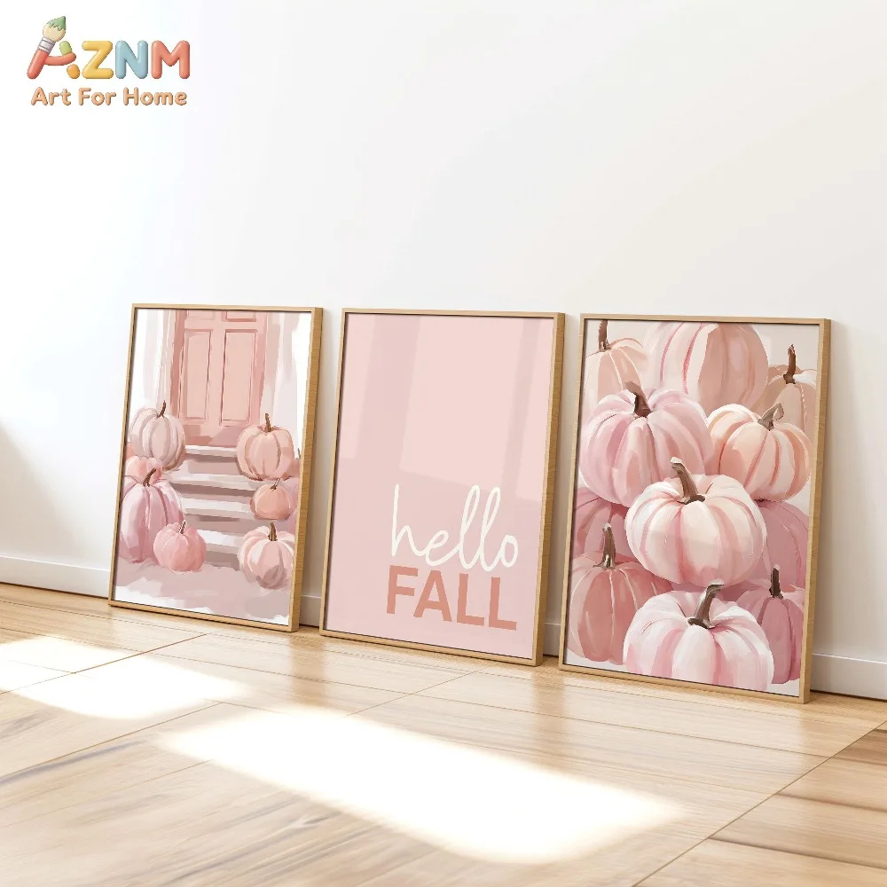 AZNM 3Pcs Pink Pumpkin Hello Fall Canvas Wall Art, Soft Pastel Autumn Farmhouse Print Frameless Canvas Painting,