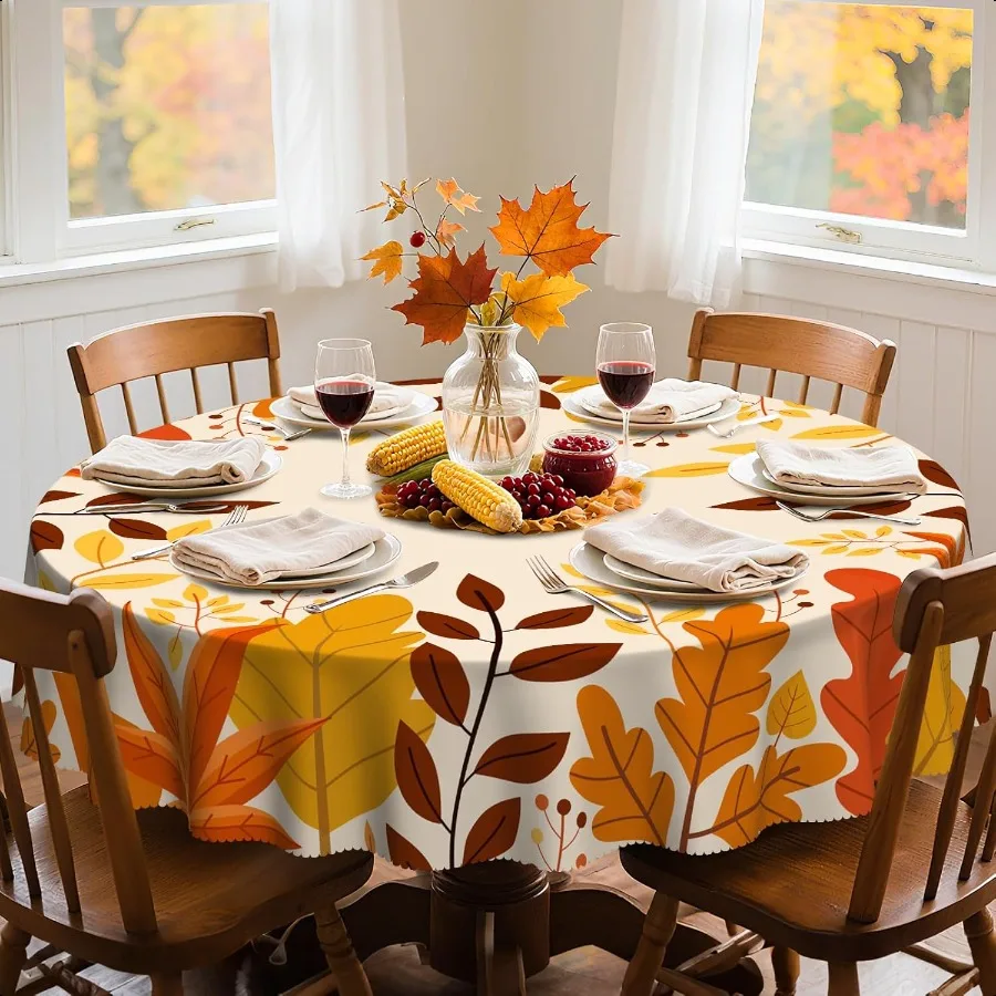 

Autumn 70 Inch Tablecloth Maple Leaf Round Table Cloth Waterproof Wrinkle Free Polyester Table Cover for Autumn Picnics Hallowe