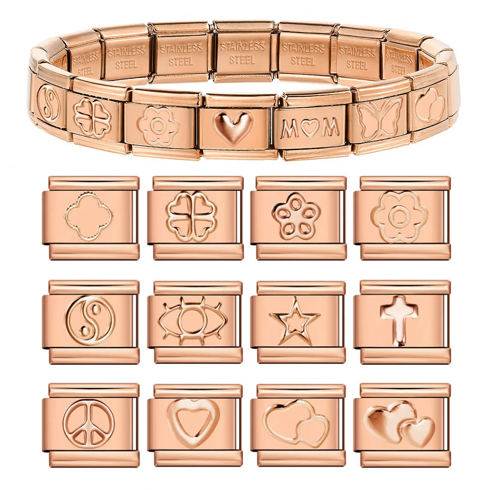 1pc Stainless Steel 9mm Charm Peace Sign Princess Patterned Petals Heart Star Italian Link Rose Gold Color Jewelry DIY Bracelets