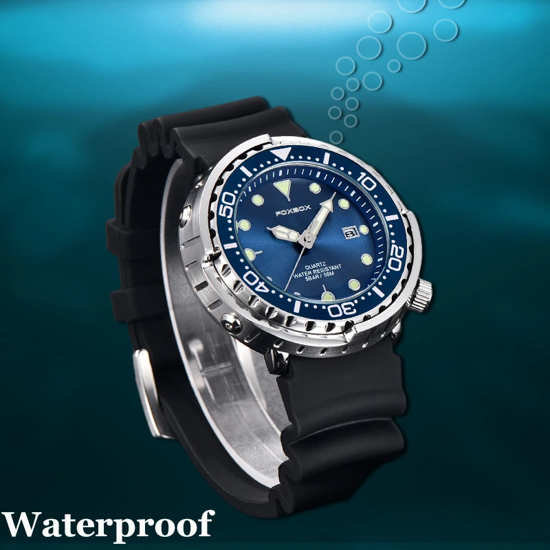 New FOXBOX Fashion Outdoor Retro Watch Casual Sport Auto Date Silicone Waterproof Luminous Rotating Bezel Quartz Watches for Man