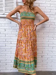 New In Floral Boho Dresses for Woman 2023 Viscose Summer Long Sundress Elegant Shirring Cami Dress Female Vacation Beach Outfits