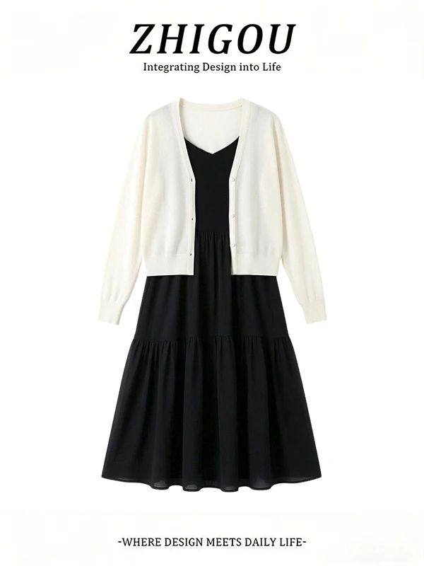 

Женский летний комплект 2026: вязаное платье-кардиган с рукавами «летучая мышь», повседневный стиль для работы, средней плотности, с длинным рукавом и круглым вырезом