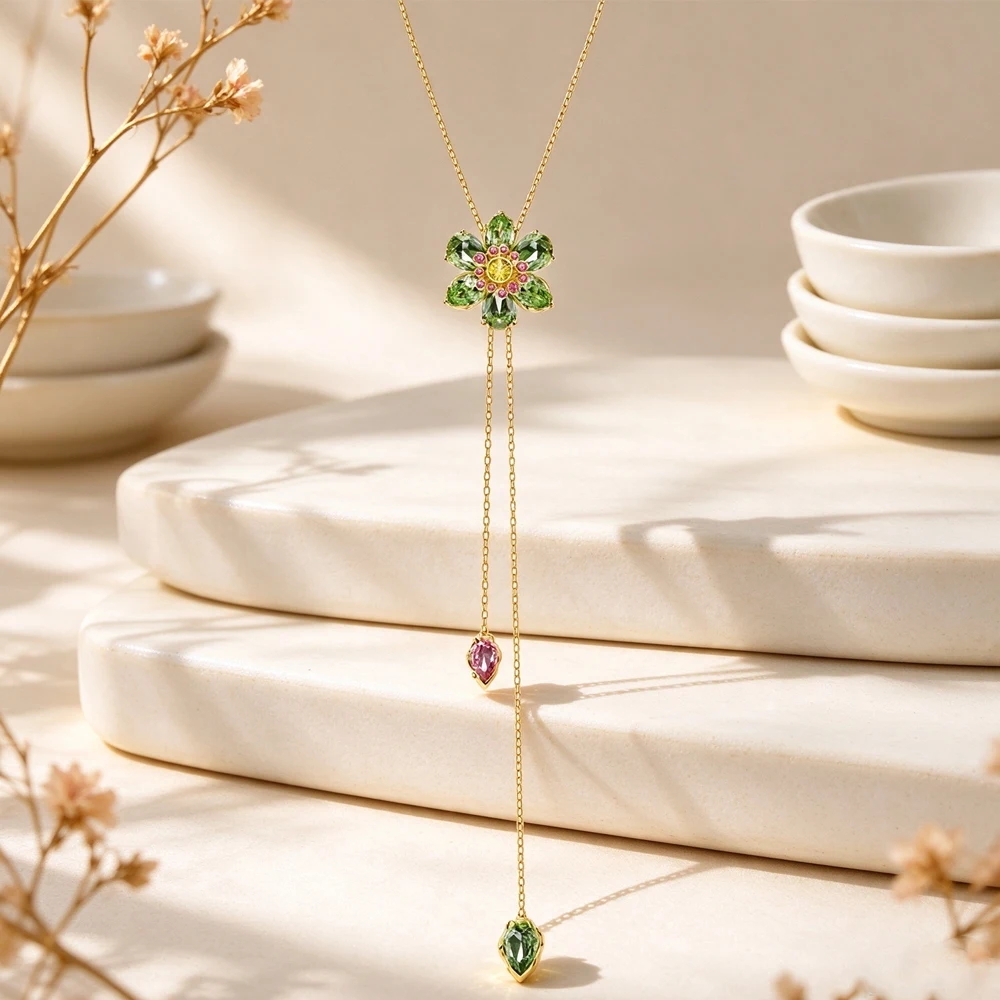 Colorful Flower Colorful Treasure Y-shaped Pulling Necklace Pink, Blue, Green Multi colored Large Gem Exaggerated Ring