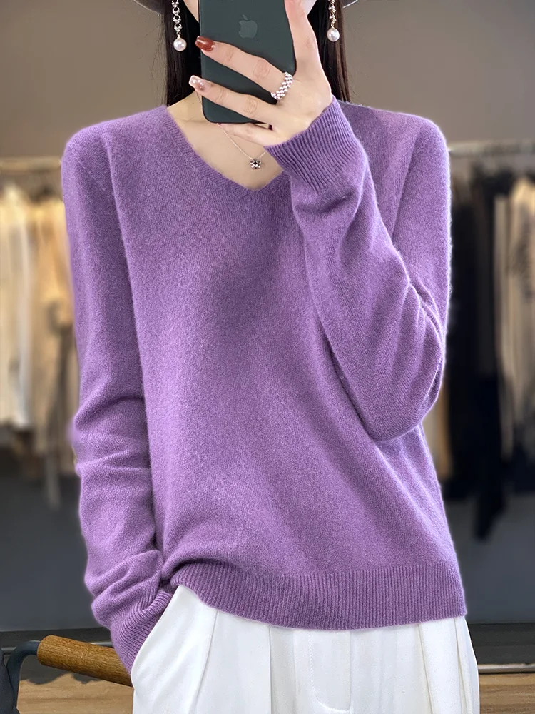 Women V-neck Knitted Pullover 100% Merino Wool Long Sleeve Thin Sweater For Spring Autumn Solid Casual Knitwear Korean Clothing