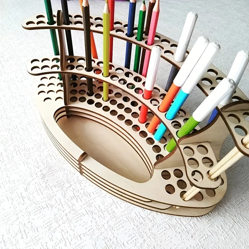 Paint Brush Holder Holes Wooden Paint Brush Holder Stand Desk Organizer Watercolor Brush Tray Rack for Pencils Paint Brushes image 2