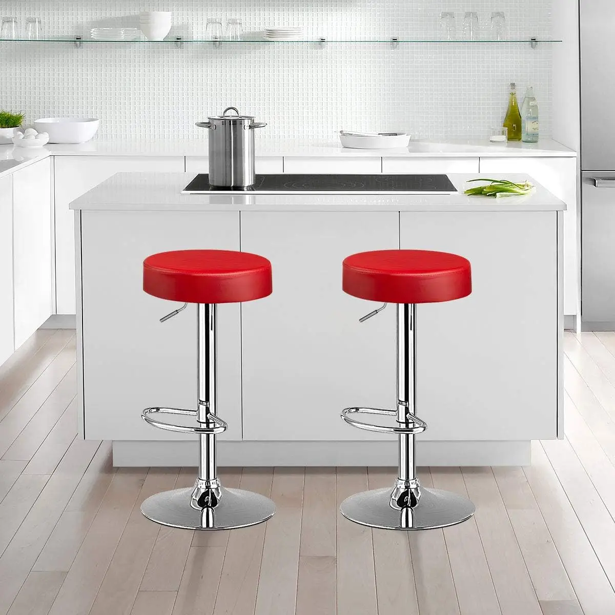 Bar Stools Set of 2, Modern Swivel Backless Round Barstool, PU Leather Armless bar Chair with Height Adjustable, Chrome Footrest