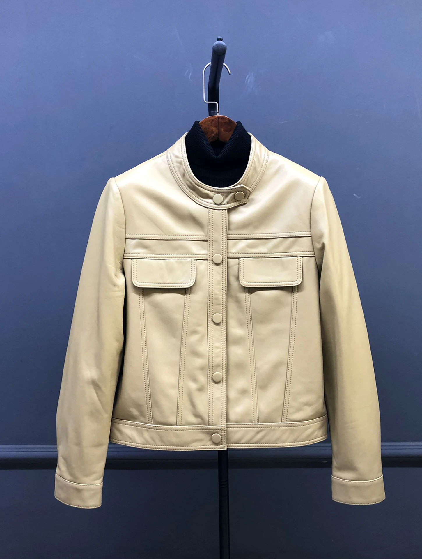 ort Echt leer van eepskin-leer Jaet Casual motorfiets-bovenkleding voor dames, losse afslankende top met opstaande kraag en ritssluiting