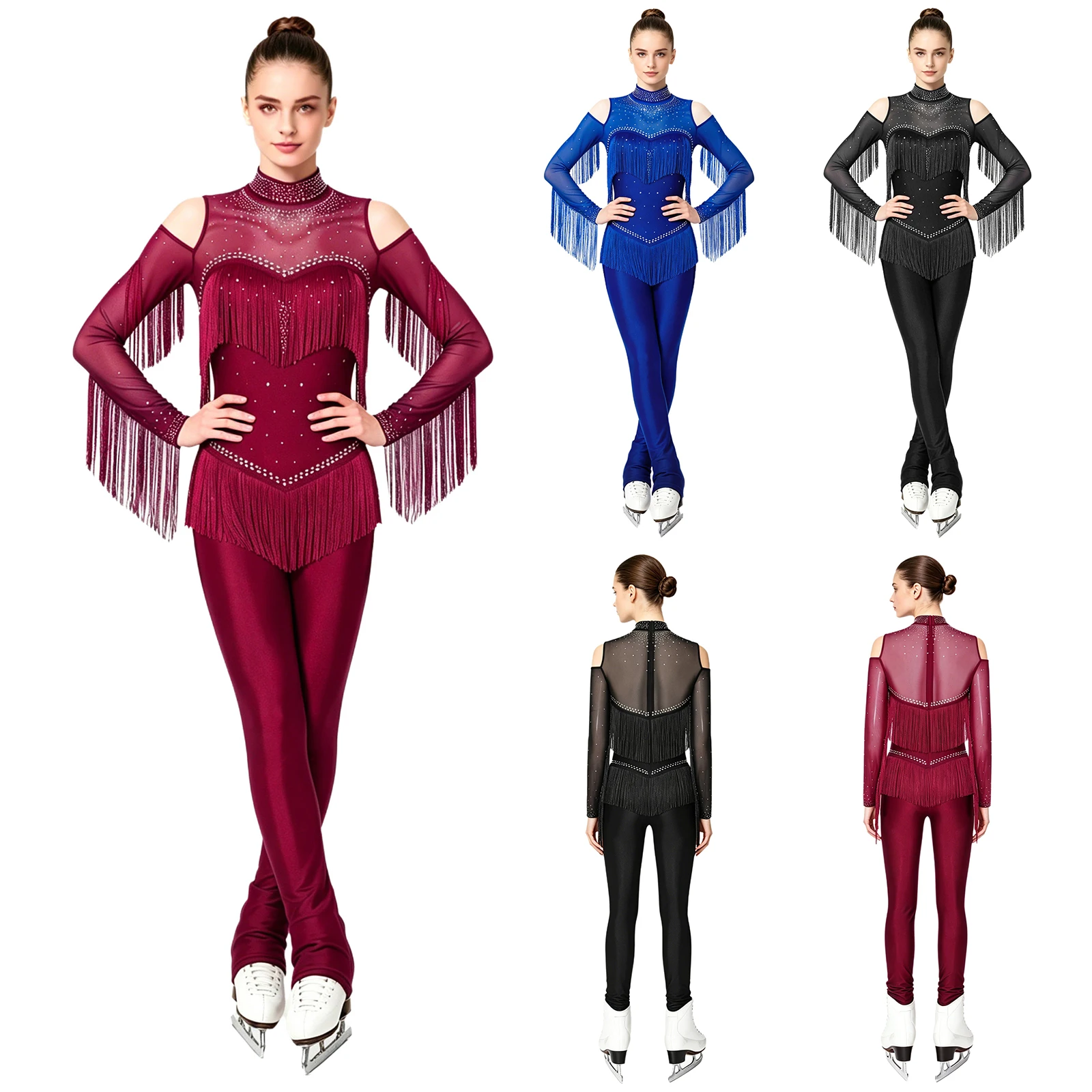 Women Long Sleeve Tassel Shiny Rhinestone Mesh Figure Skating Jumpsuit Ballet Gymnastics Acrobatics Latin Tango Cha-cha Bodysuit