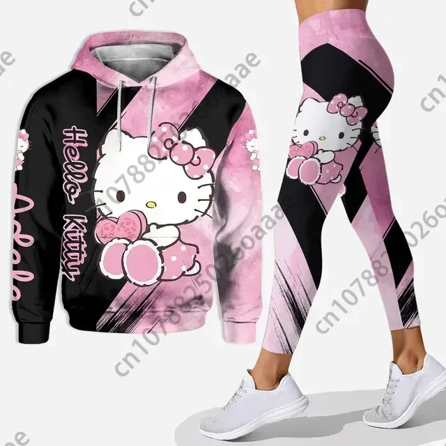 2024 Disney Hello Kitty 3D Kitty Cat felpa con cappuccio tuta da donna pantaloni da Yoga pantaloni sportivi tuta sportiva di moda