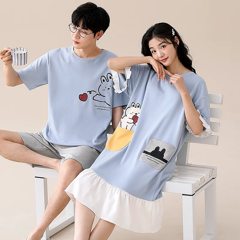 High Quality Couple Pajama Set Summer 100% Cotton Cute Cartoon Pyjamas Men Short Sleeve Pijamas Women Nightgown