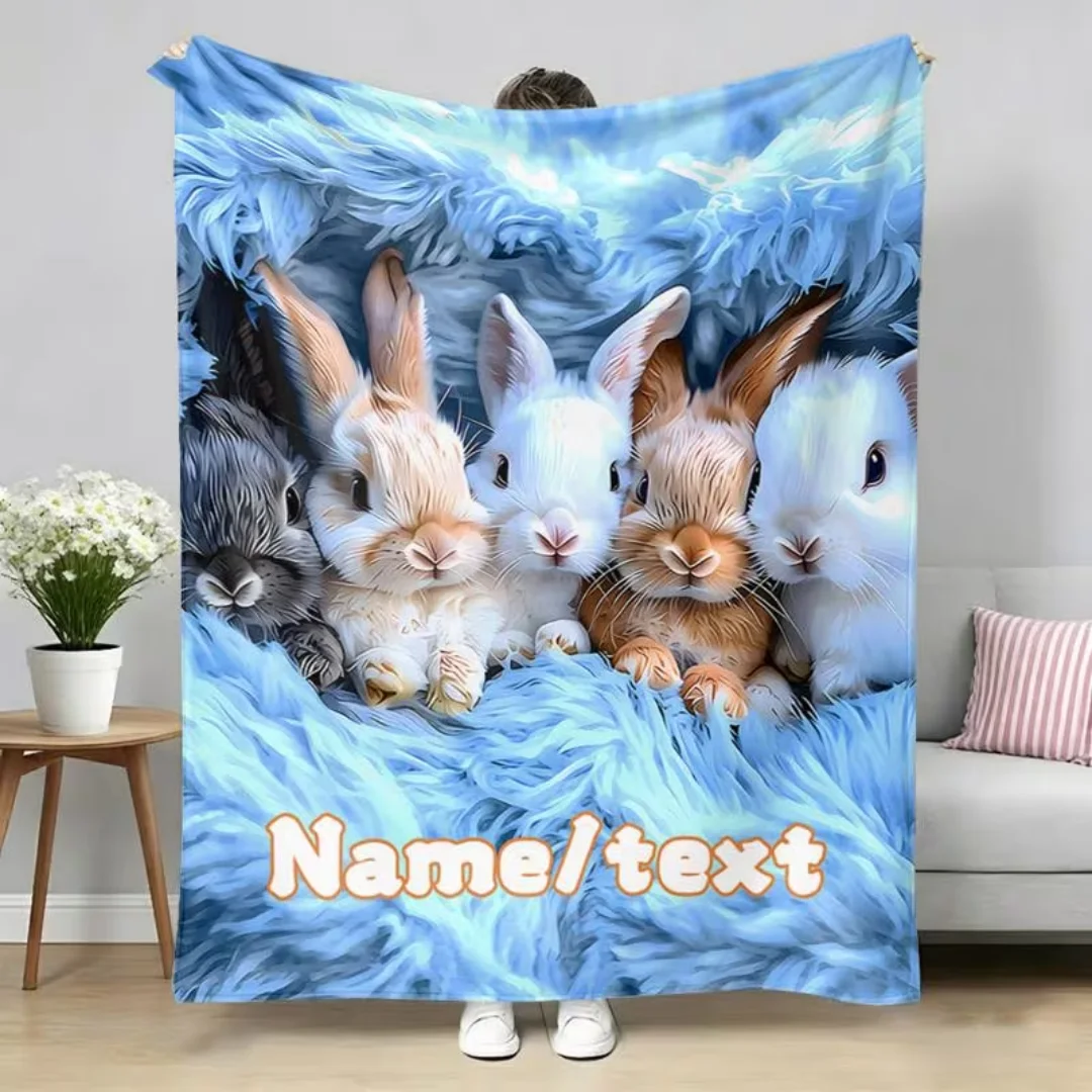Personalized Custom Name Text Cute Rabbit Print Portable Flannel Blanket, Soft Warm Digital Print Throw Blanket for Sofa Bed Tra