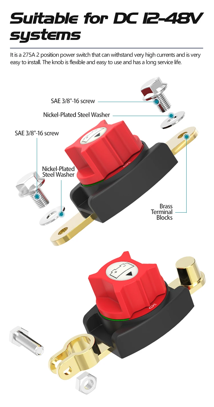Neues Modell 275A Top Post Batterie-Trennschalter Heavy Duty Ein/Aus Batterie Power Cut Off Schalter 12V-48V für Auto, RV, Marine – Detail 4