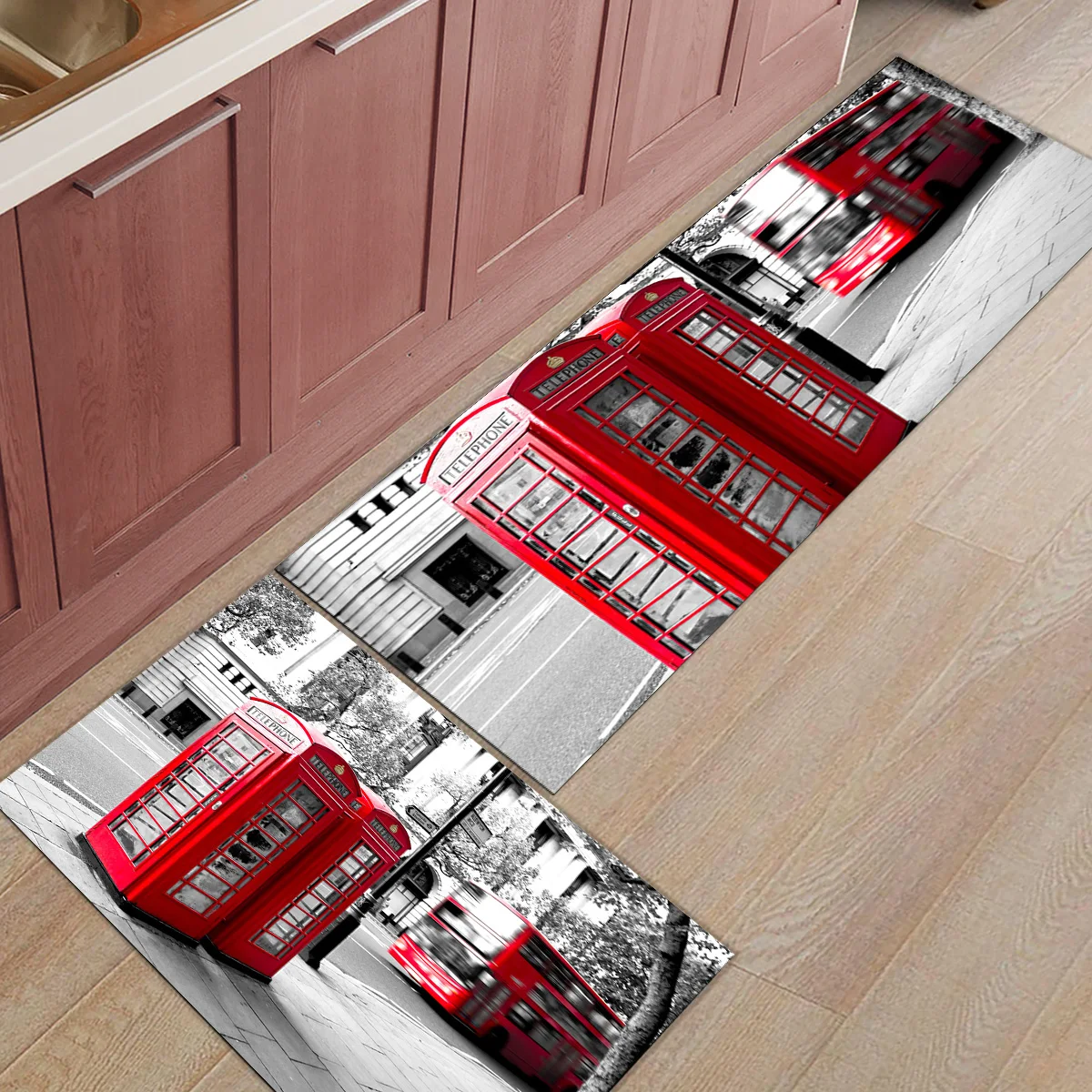 Red Telephone Booth On The English Street Kitchen Mat Floor Rug House Carpet Long Strip Bedroom Door Mat Home Decor Doormat