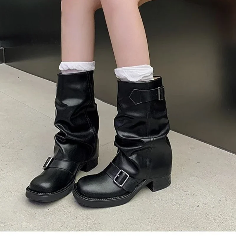 Autumn Winter Thick High Heels Women Mid Calf Boots 2023 Hot Sale Gothic Calves Motorcycles Boots Buckle Comfy Walking Boots