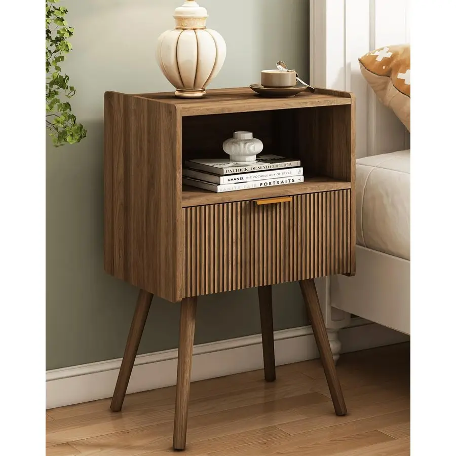 

Bedside Table with Storage Drawer and Open Wood Shelf, for Living Room, Bedroom and Small Spaces, Accent Night Stand with Solid