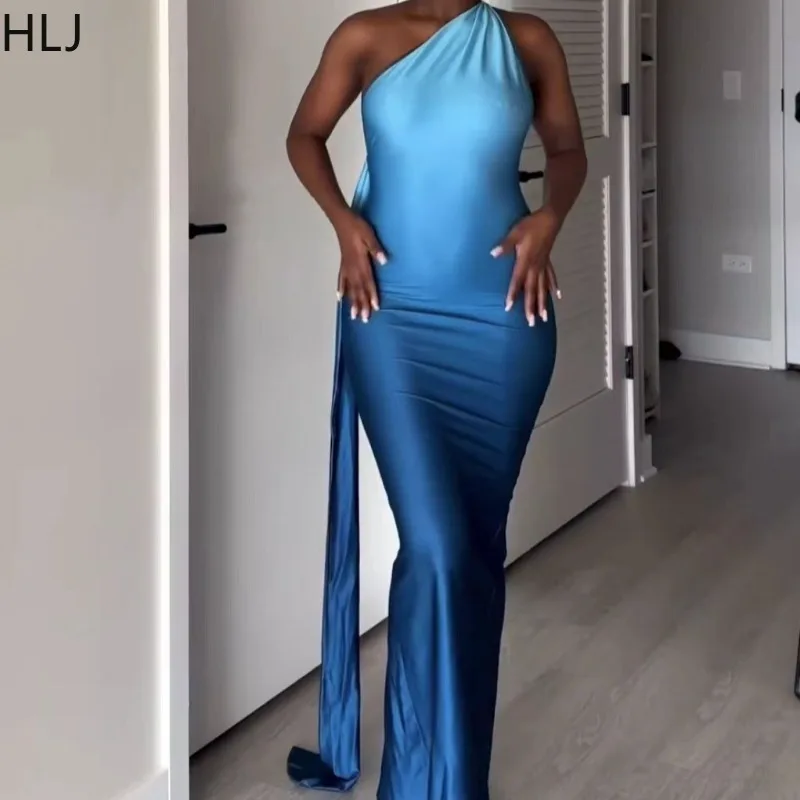 HLJ Streetwearเซ็กซี่Gradient Bodyconชุดยาวผู้หญิงไหล่เอียงBacklessหญิงNight ClubวันหยุดVestidos 2025