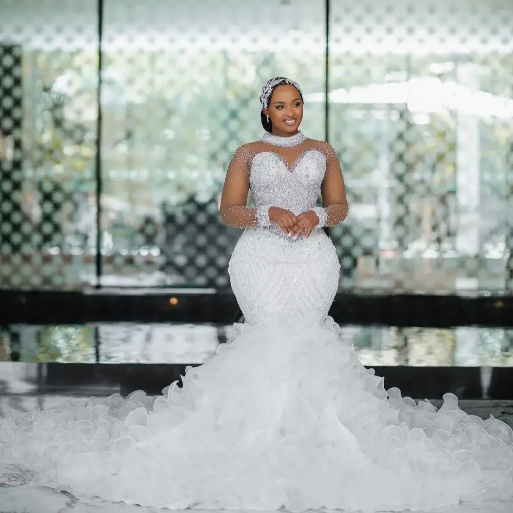 

Customized African High Neck Sparkling Wedding Dress Lace Beads Long Sleeve Mermaid Bride Dress Church Plus Size Wedding Dress