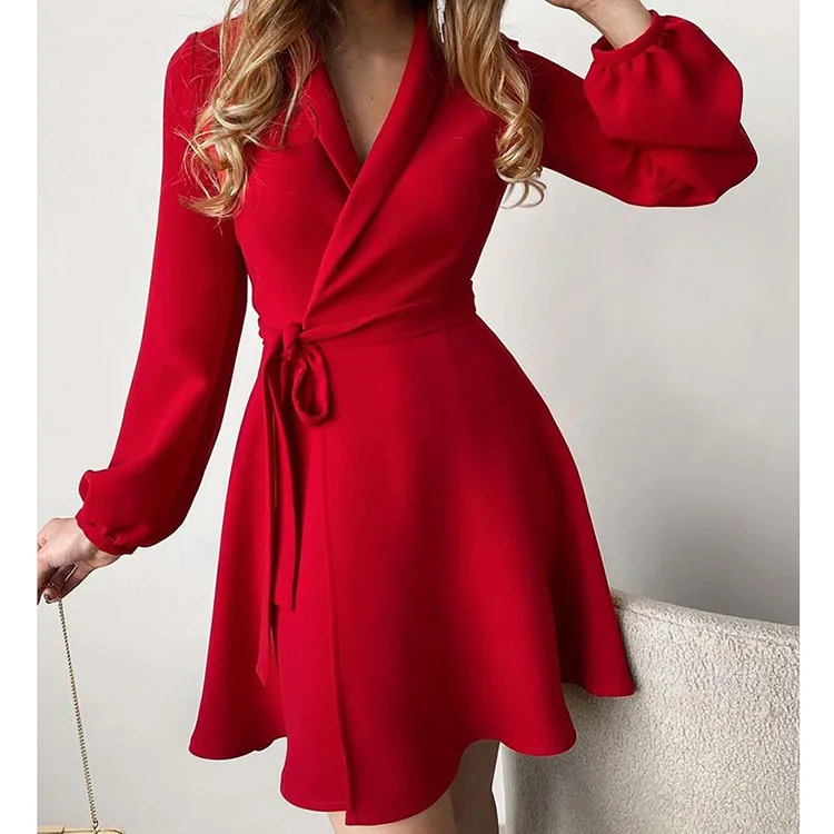 2026 Herbst Winter Mode Damen Elegantes Farbblock-Einteiler-Kleid mit Gürtel – Detail 10