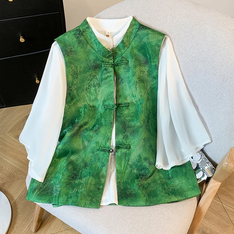 New Chinese Style Small Stand Collar Lace Sleeve Handmade Button Embroidered Silk Surface Lady Elegant Temperament Vest
