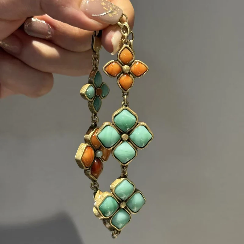 Vintage Red And Blue Agate Jelly Clover Bracelet Natural Stone Woman Charm Antique Accessories For Woman Luxury 2025 Jewelry New