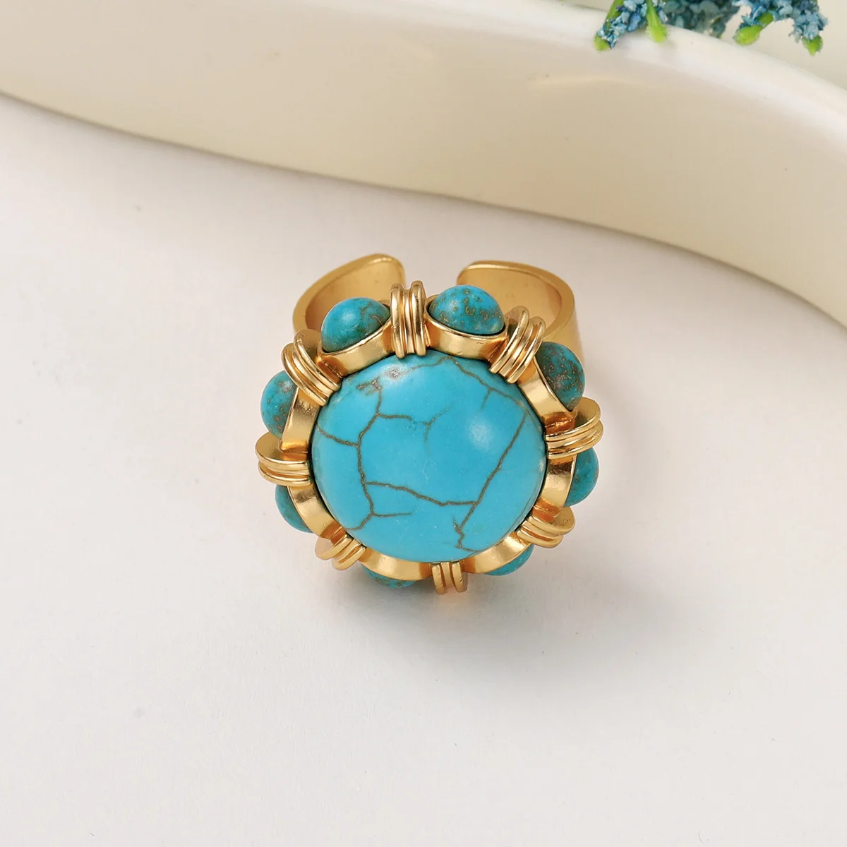 Bohemian Vintage Turquoise Ring for Women Gold Wire Wrapped Natural Blue Stone Ethnic Tribal Band Fixed Size Jewelry