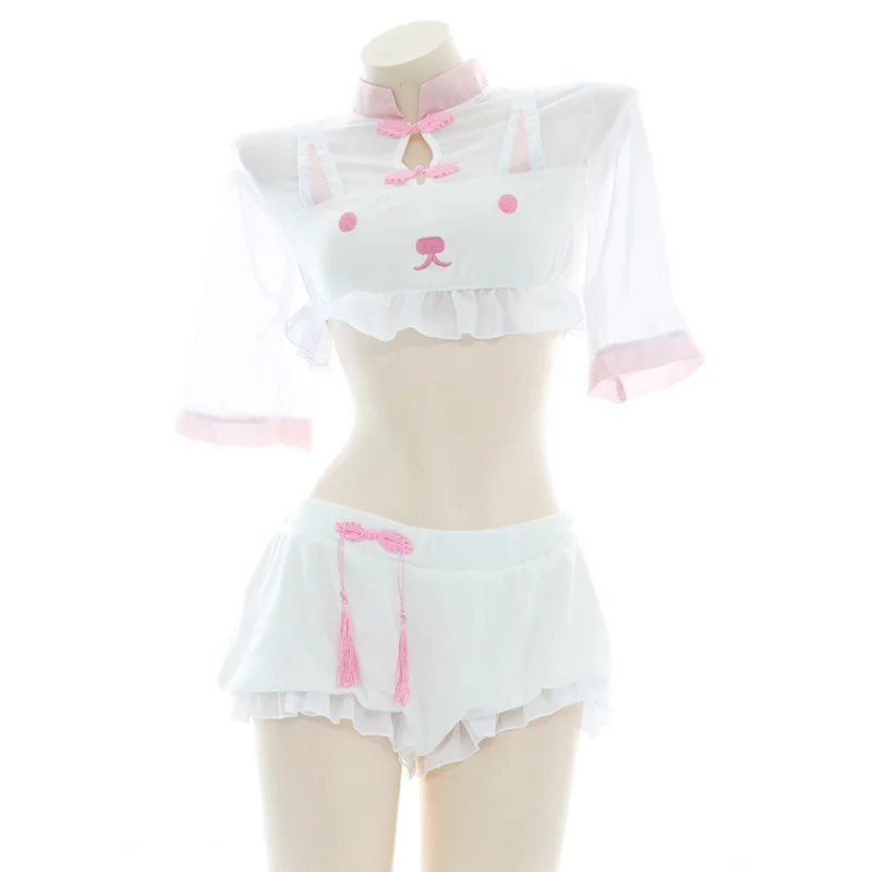 

Kawaii Chinese Style See Through Cheongsam Pajamas Lolita Plush Bunny Roleplay Sexy Party Underwear Ruffles Lingerie Set