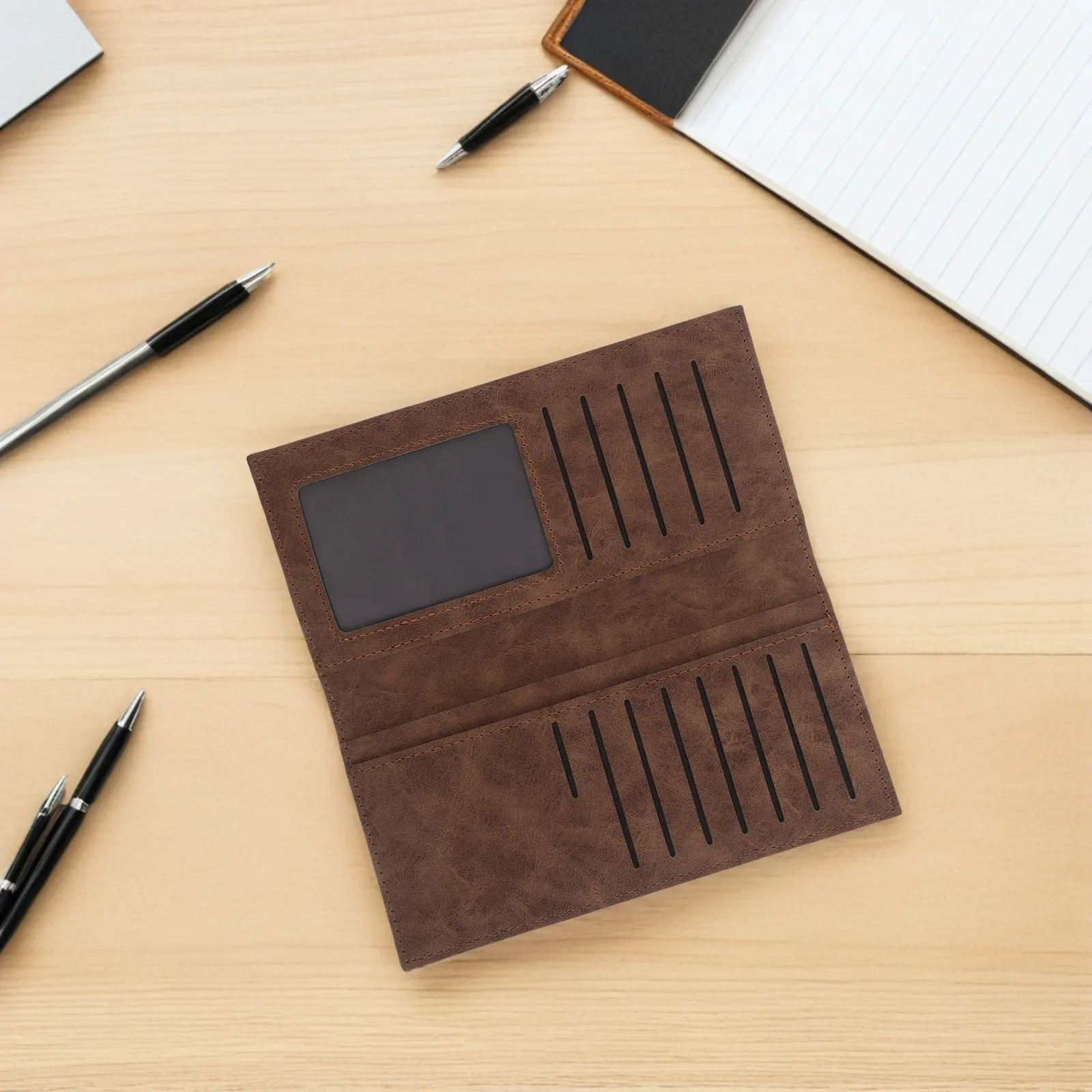 Men Slim Brown Vintage Bifold Wallet Multifunction Card Slots Suit Pocket Travel Id Window Wallet Retro Card Holder