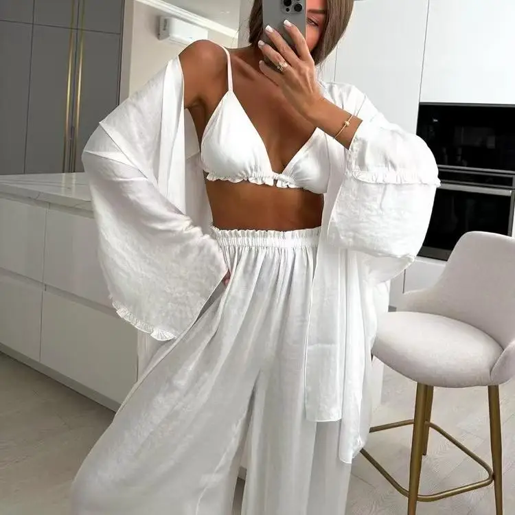 Sexy Lace Trim Vest Top Wide Leg Pants Tee Piece Set Faionable Long Sve V Ne Student Work orm Spring Collection