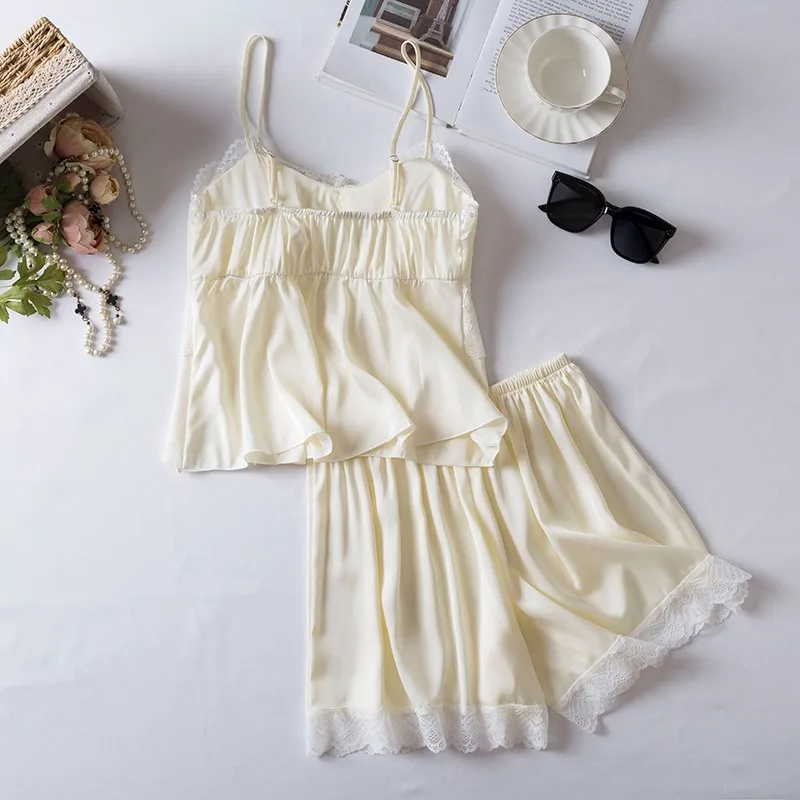 

Summer Newest Pajama Sling Tops with Chest Pads and Shorts Women's Sexy Sleepwear Clothes Two Piece Set Lace Design Home Clothes