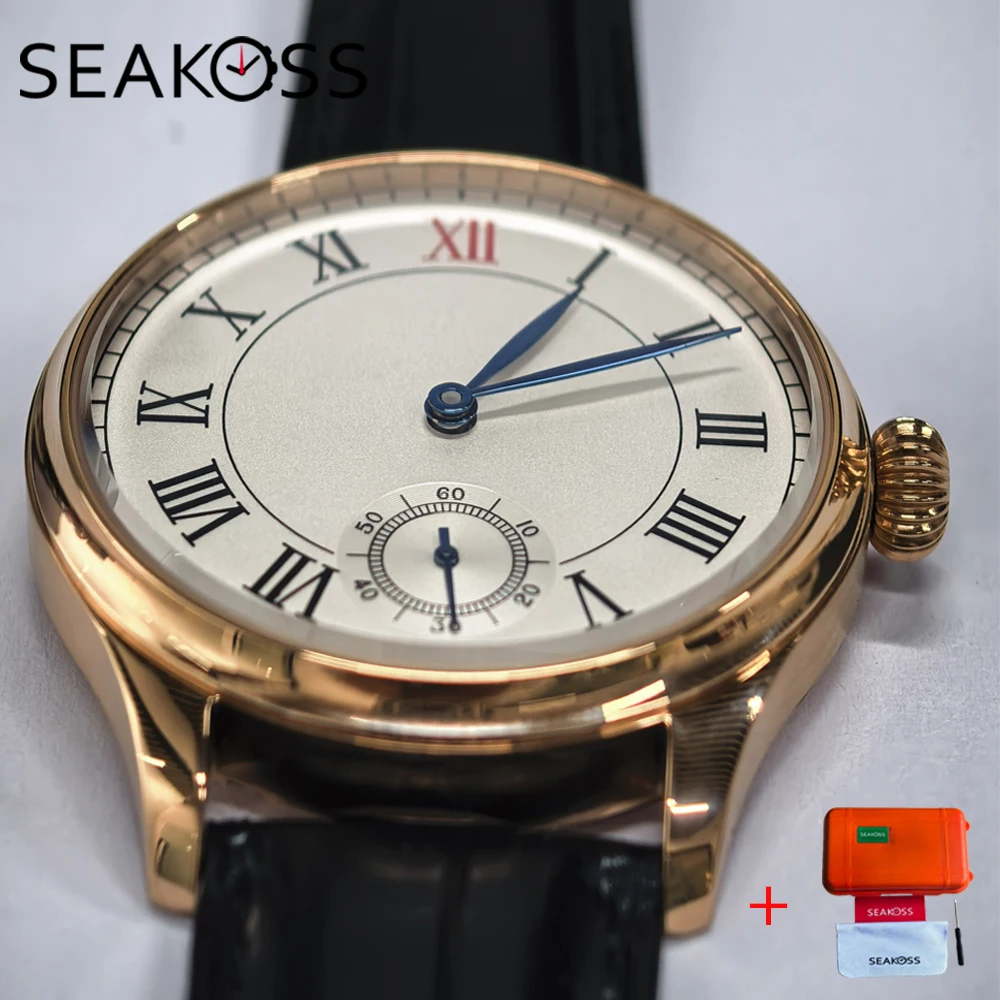 SEAKOSS 44mm Classic Pilot Seagull ST3621 Gift Wristwatch ETA6498 Handrolled Mechanical Movement Men's Watch 6-point Second Disk