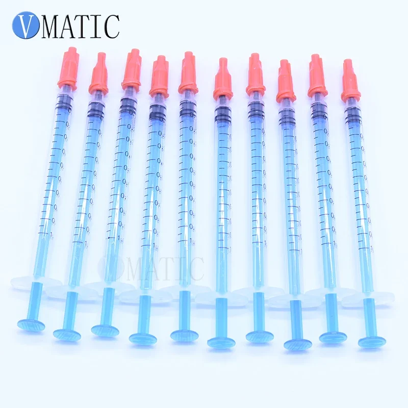 Fast Selling 10 sets Plastic Dispensing Blue Syringes 1cc/1ml + red tip cap