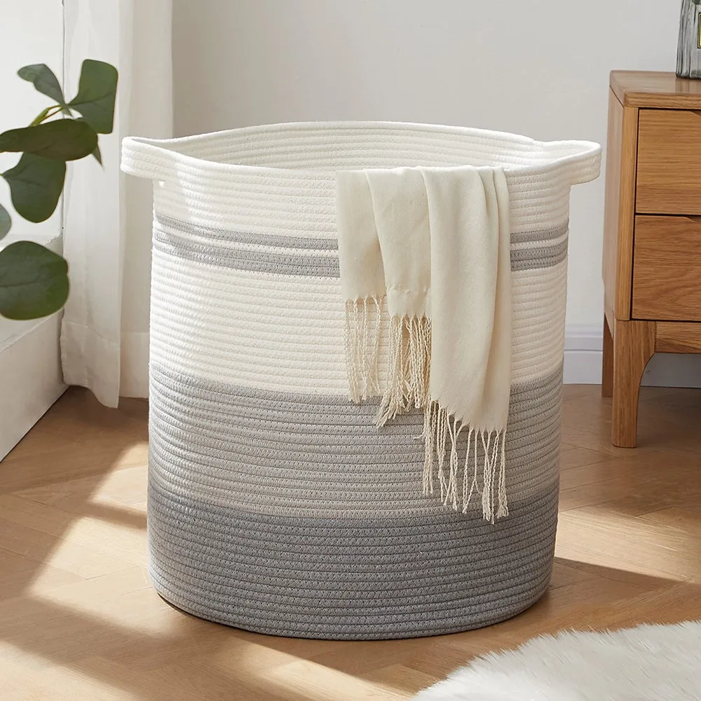 

Trendy 58L Laundry Hamper Multi-Purpose with Handles Storage Basket Folding Design Cotton Rope Decorative Basket Living Room
