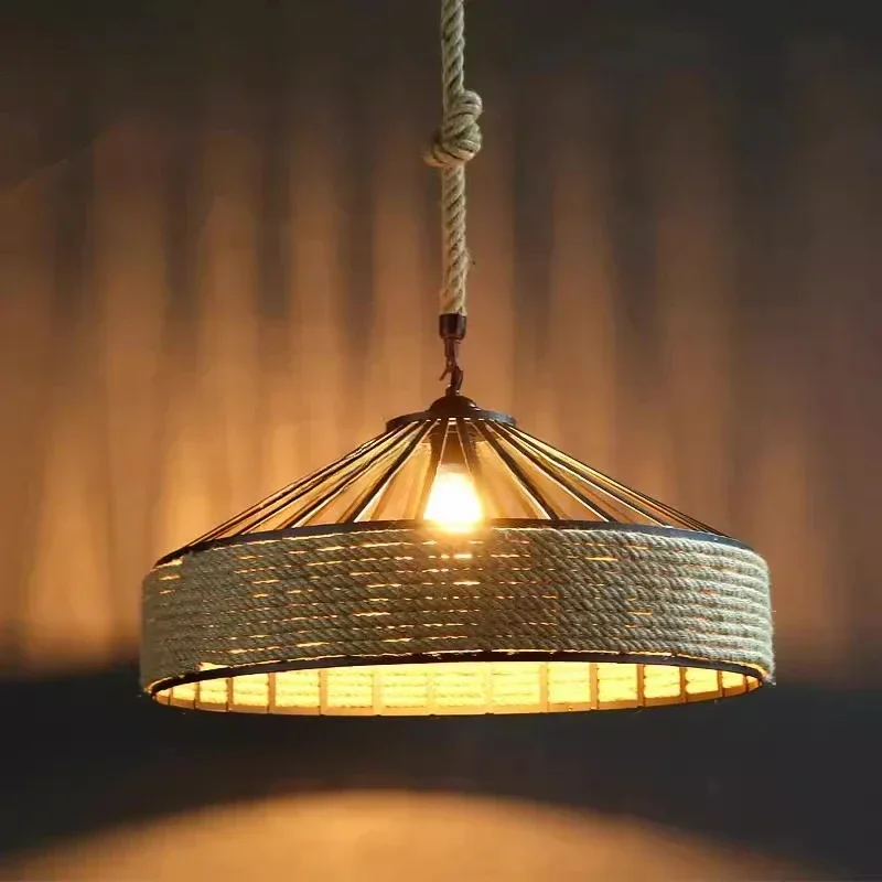 Vintage Hemp Rope Iron Chandelier Retro Pendant Lamps Handwoven Twine Cage Lampshade for Kitchen Dining Room E27 Light Fixtures