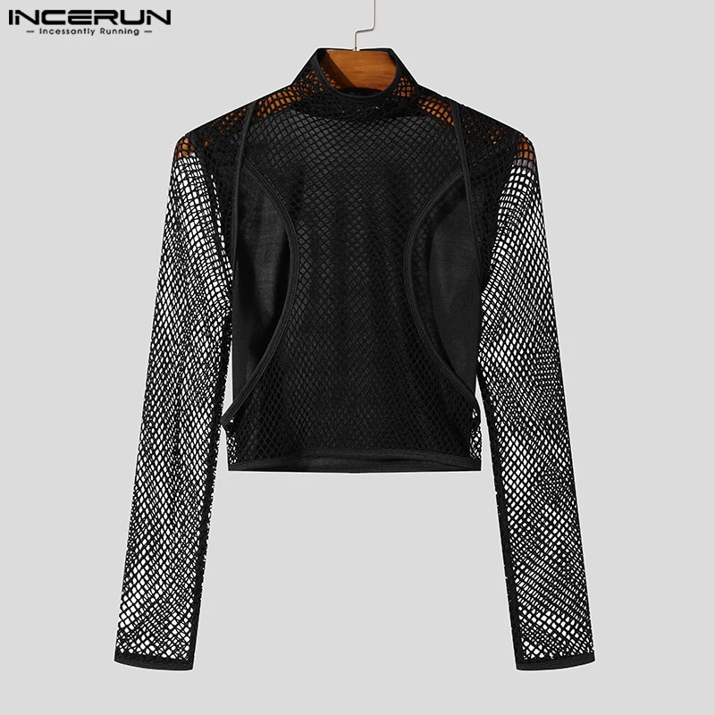 

INCERUN Men Casual Long Sleeve T-shirst High Neck Hollow Handsome Fashion Tops See Through Sexy Knitted Camisetas Streetwear