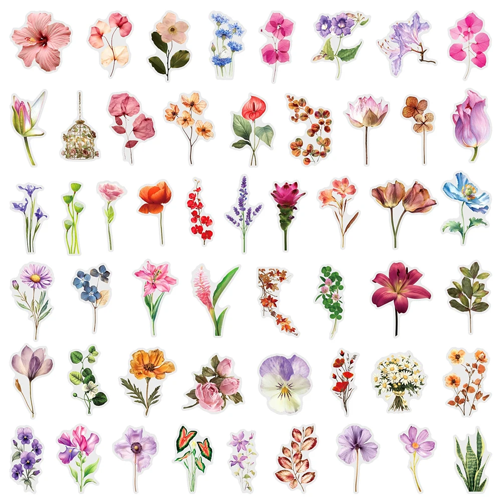 

10/30/50pcs Transparent Aesthetic Flowers Plant Cartoon Stickers Decals for Stationery Guitar Helmet Cute Waterproof PET Sticker