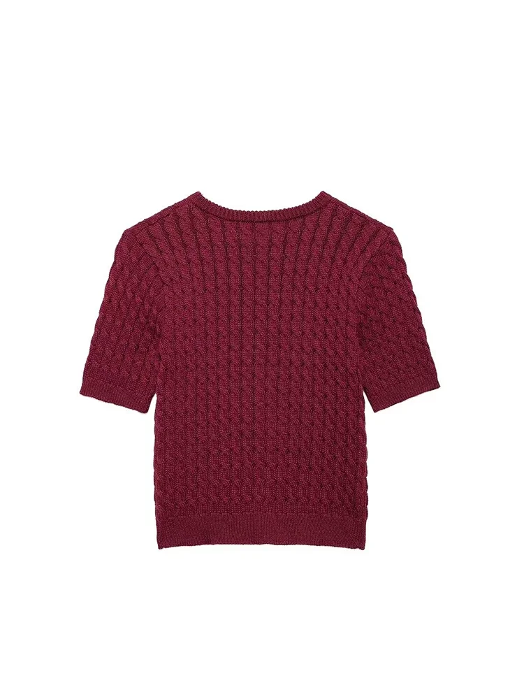 Willshela Women Fashion Wine Red Single Breasted Knitted Sweater Vintage O-Neck Short Sleeves Female Chic Lady Outfits