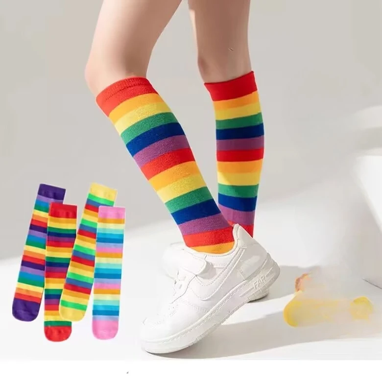 Spring Autumn Children's Long Stockings Rainbow Stripped Teen Girls Christmas Cosplay Party Socks Kids Girls Knee High Socks