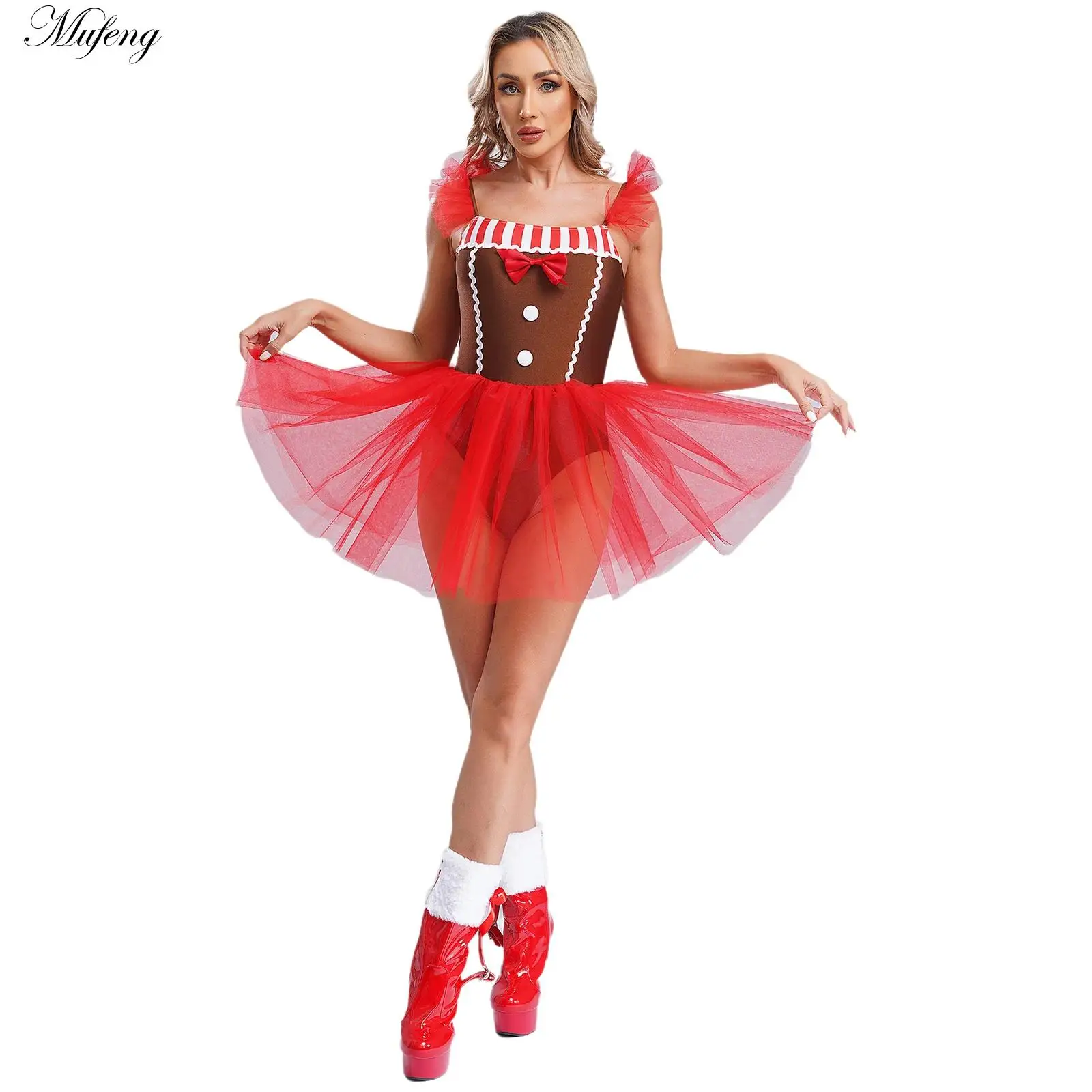 Women Christmas Costume Ballet Tutu Dress Cami Dress Gingerbread Cosplay Bowknot Striped Leotard Bodysuit Holiday Show Dancewear