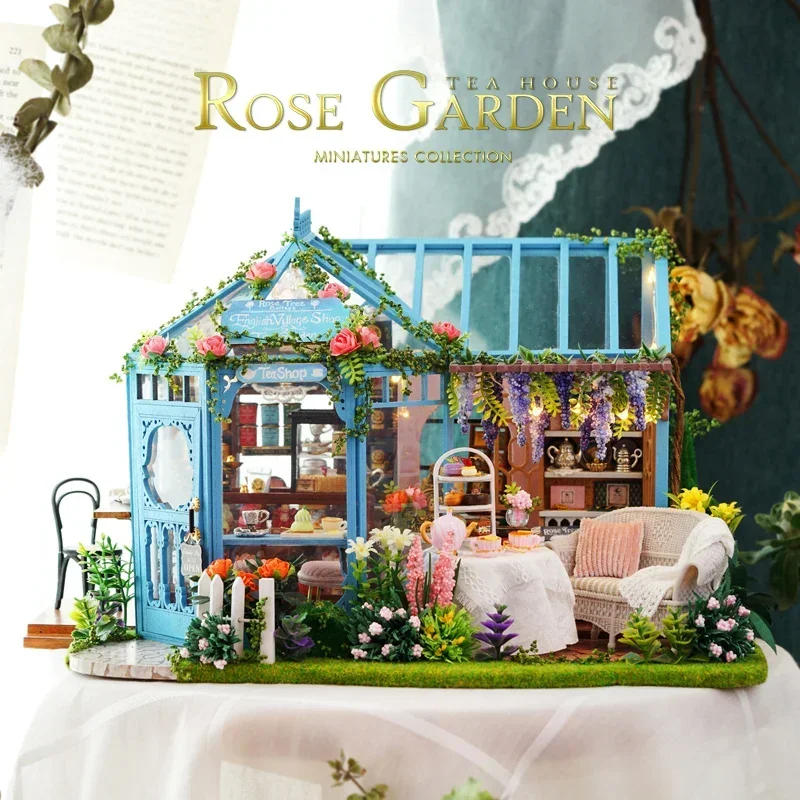 Animacja Cartoon Diy Cabin Rose Garden Teahouse Ręcznie składane drewniane zabawki Model domu Kobieta Prezent urodzinowy Urządzenia peryferyjne