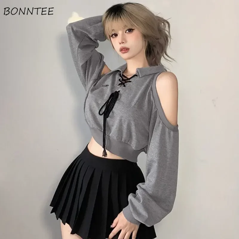 

Sweatshirts Women Slim Hotsweet Off Shoulder Cropped Clothes Sexy European Streetwear Teens Temper College Fashion Y2k Personal